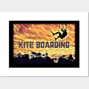 Kite Boarding (flying silhouette surfer sunset) Posters and Art